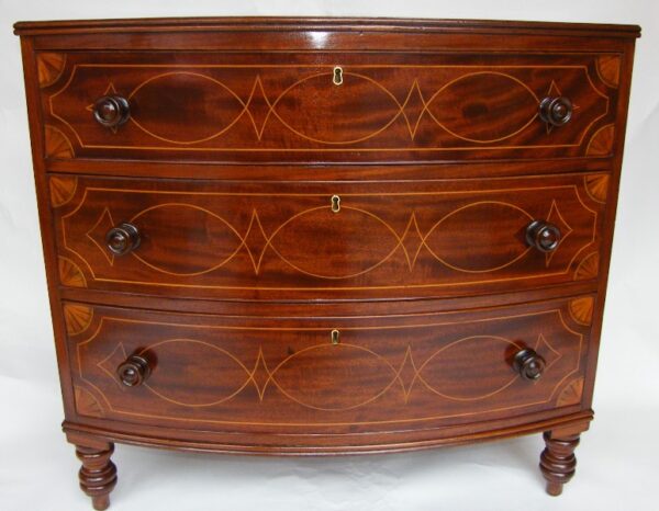 024. Antique Georgian Mahogany and Satinwood Bow Front Chest Circa 1800
