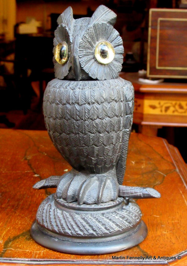530 Sold Rare Irish Bog Oak Hand Carved Owl Mid 19th Ct