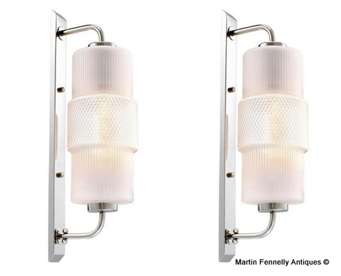 M095 Pair of Nickel and White Glass wall lights - Deco Style