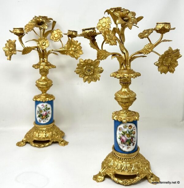 083 Antique Pair French Ormolu Gilt Bronze Sevres Porcelain Candelabras Candlesticks