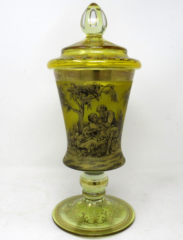667 Sold Antique Vintage Bohemian Amber Engraved Glass Goblet Urn Vase Landscape Scene