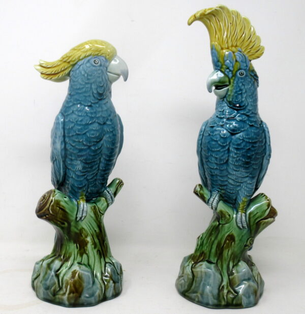 376 Sold Pair Minton Majolica Staffordshire Porcelain Birds Parakeets
