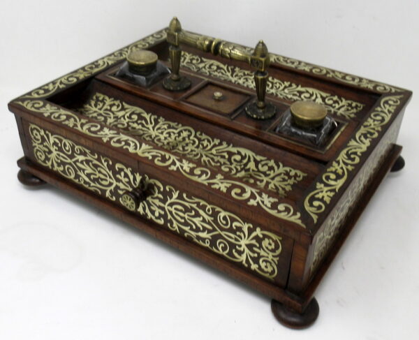 363 Antique Grand Tour Mahogany Brass Inlaid Desk Set Inkstand English Regency 19Ct