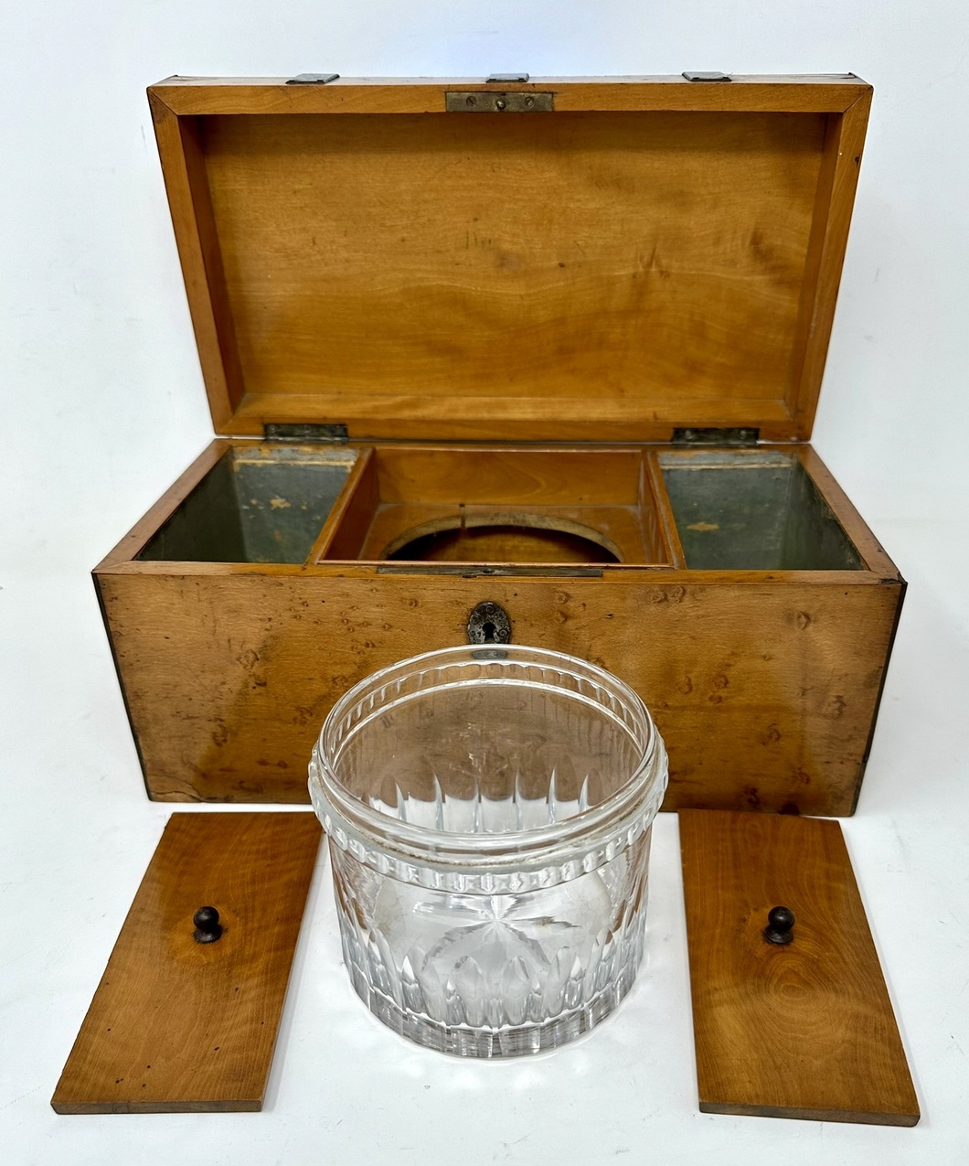 677 Antique Georgian Birdseye Maple English Double Tea Caddy Box Cut Crystal Bowl - Image 5