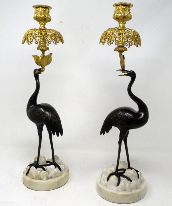 455 Sold Antique Pair of English Ormolu Gilt Bronze Candlesticks Storks Cranes by Abbot