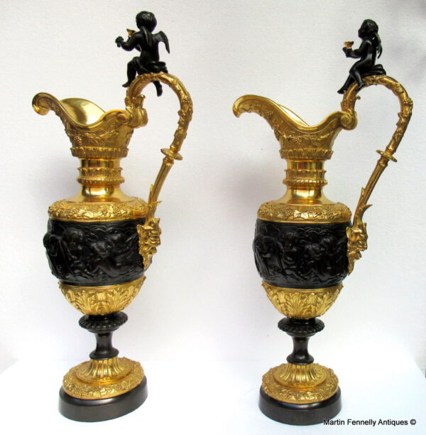 526 Sold Fine Pair French Bronze Ormolu Ewers Manner of Claude Michel Clodion 19ct