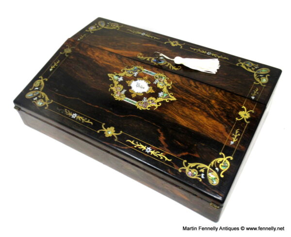818 Sold Irish Coromandel Mother of Pearl Writing Slope Box by Austins Dublin, circa 1860
