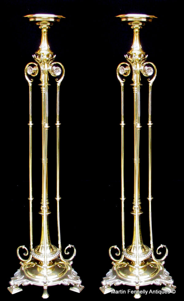 892 Sold Pair of French Ornate Brass Plant Stands Art Nouveau Circa 1895