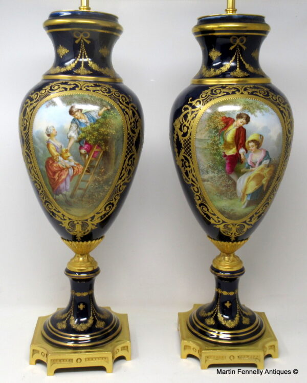 764 Sold Stunning VERY LARGE Pair French Sevres Hand Painted Porcelain Ormolu Lamps 19th Ct