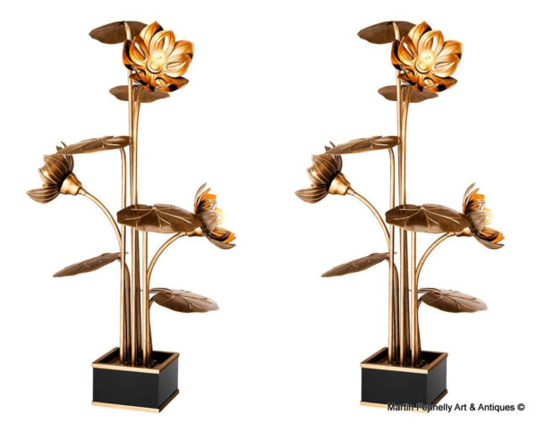 M043 Spectacular Designed Pair of Floral Brass Lamps