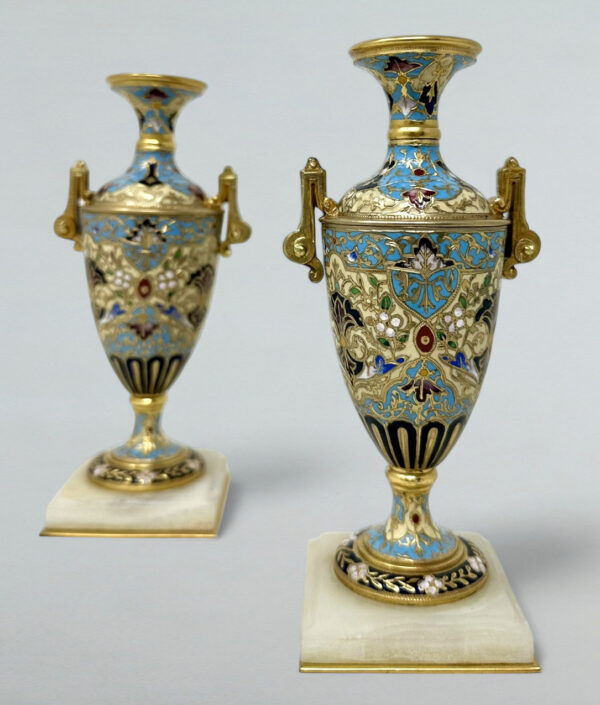 022 Sold Antique Pair French Cloisonne Champlevé Alabaster Ormolu Gilt Bronze Vase Urns