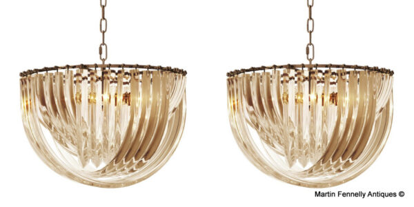 M103 Pair of Venini design Antique Brassl and Champagne Acrylic Chandeliers