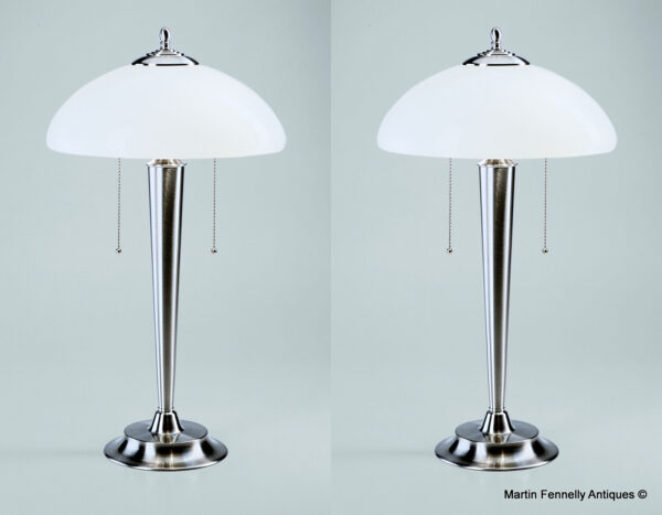 M017 Sold Pair Art Deco Style - Column Lamps - Nickel and Opal White Shades - Superb Design