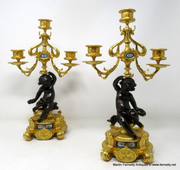 390 Sold Pair French Sevres Porcelain Gilt Bronze Cherub Candelabra Candlesticks