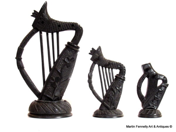 531 Sold Set of three Hand Carved Bog Oak Irish Harps Late 19th Ct