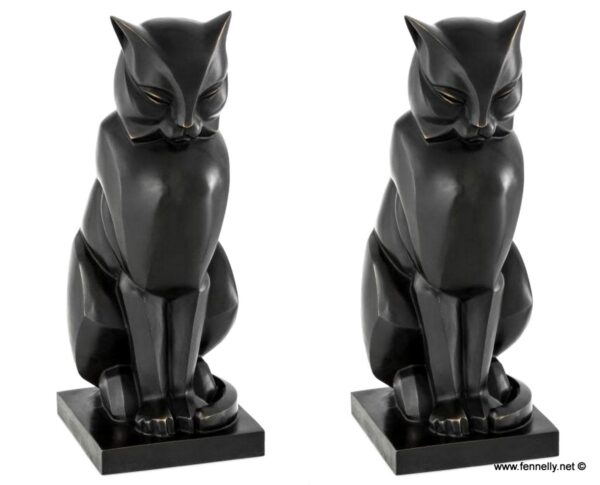 778 Large Pair Bronze Cats -  Art Deco -on Plinths