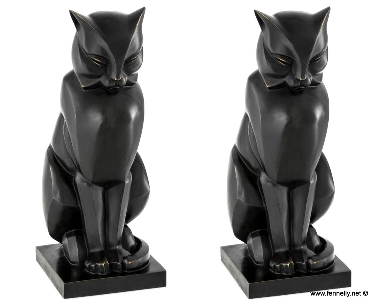 778 Large Pair Bronze Cats - Art Deco -on Plinths