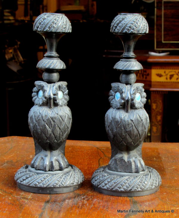 840 Sold Rare Pair - Antique Irish Bog Oak Hand Carved Candlesticks - Owl Theme Circa 1880