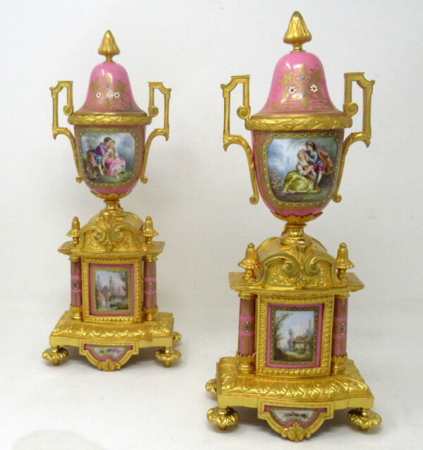 195 Sold Antique Pair of Sèvres Porcelain Watteau Scene Gilt Bronze Landscape Urns Vases