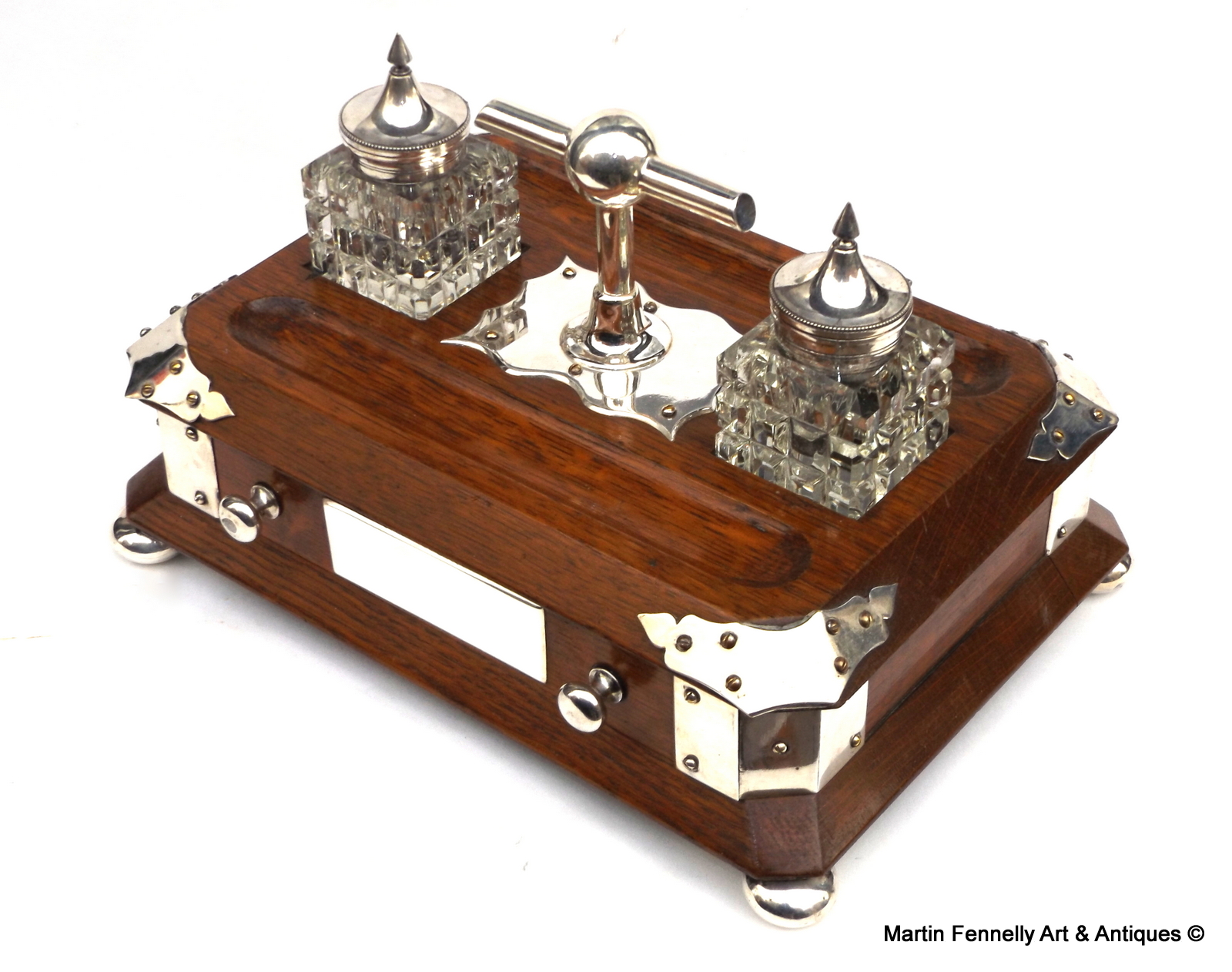 200 Sold English Oak and Silver Plate Mounts Desk Ink Bottle Stand - Circa 1890 - Image 2