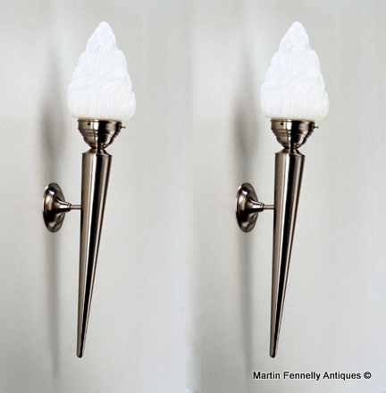 177 Pair Art Deco Wall Lamps - Nickel with Flambé Shades