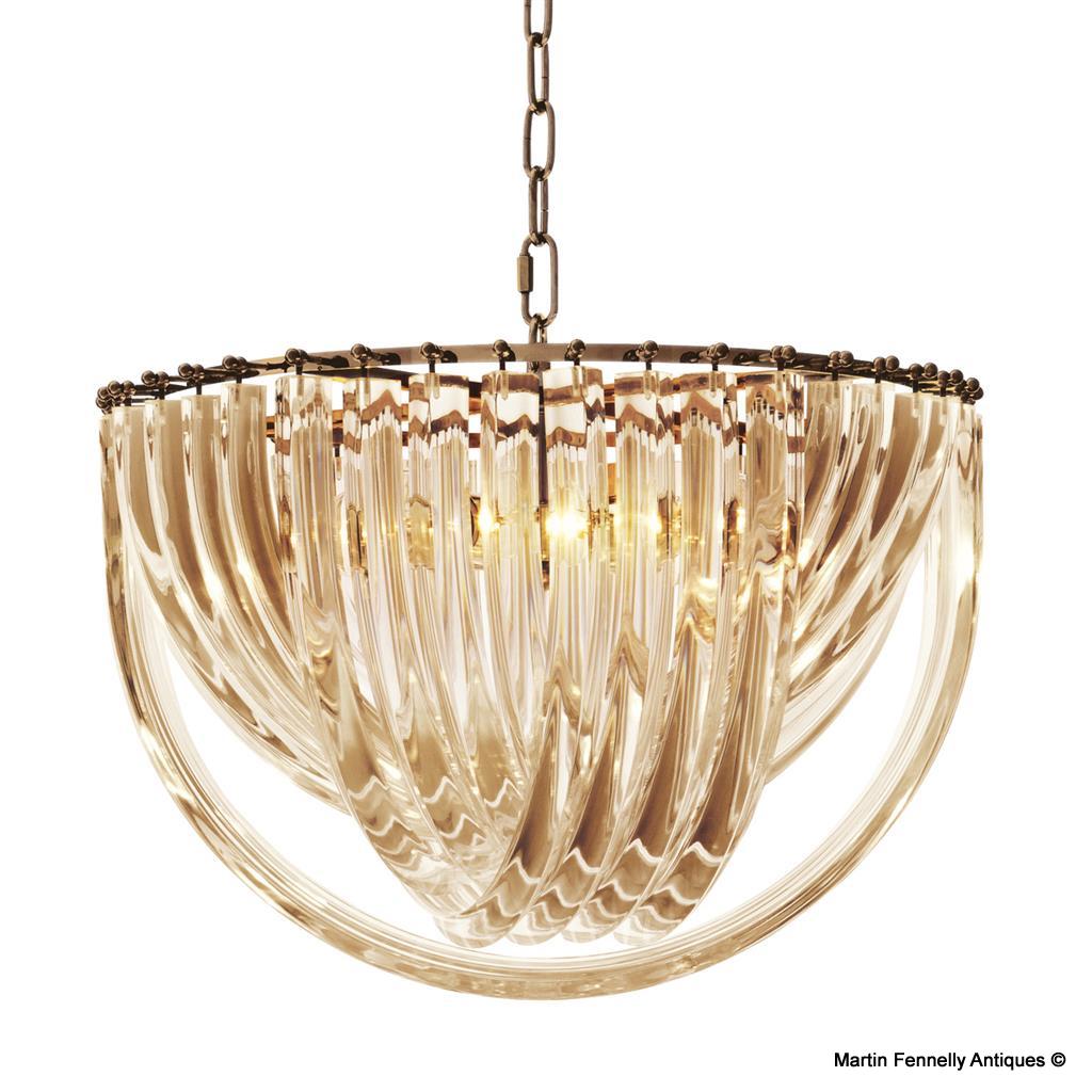 M103 Pair of Venini design Antique Brassl and Champagne Acrylic Chandeliers - Image 3