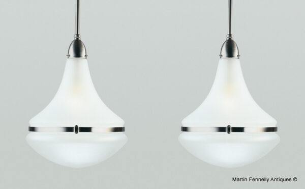 M104 Sold Pair of Frosted Glass and Nickel Lanterns