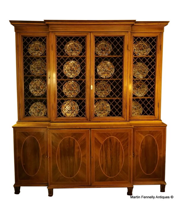 869 Sold Sheraton Revival Period Breakfront Mahogany Inlaid Book Case - English