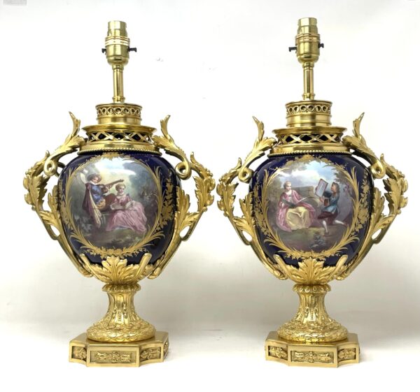 666 Sold Pair Antique French Sèvres Porcelain Ormolu Gilt Bronze Dore Table Urn Lamps
