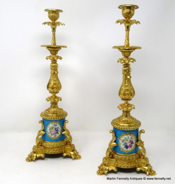 620 Sold Antique Pair French Sevres Porcelain Ormolu Bronze Candlesticks