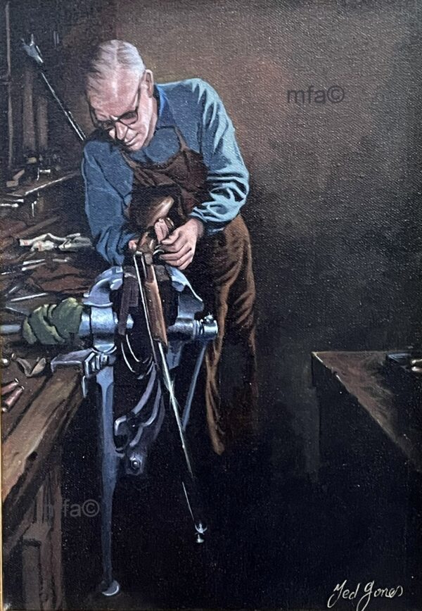568 Sold Ted Jones - Oil on Canvas - The Gunsmith - Circa 1985