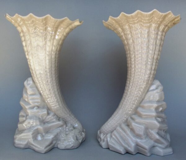 605 Sold Pair Irish Belleek Cornucopia Vases Second Black Mark 1891-1926