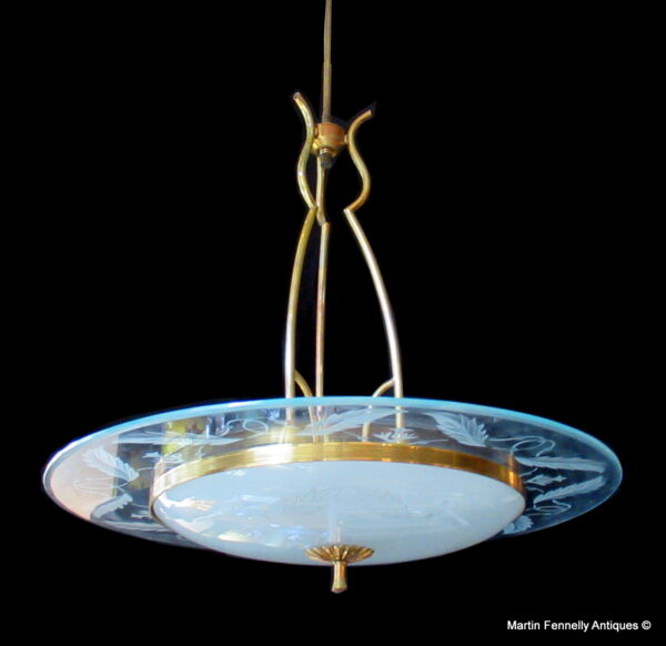 600 French Art Deco Ceiling Pendant - Etched Glassl and Brass Frame