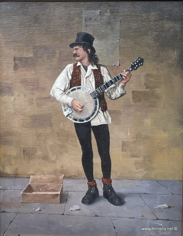 876 Ted Jones - Oil on Board - The Busker - Circa 1992