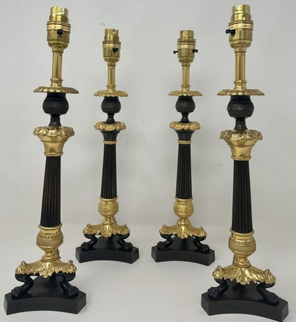 890 Antique Set Four French Doré Bronze Neoclassical Ormolu Candlesticks Lamps 19Ct