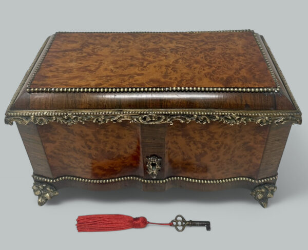 149 Antique Bronze Burl Walnut French Jewelry Sewing Casket Silk Lined Interior 19C