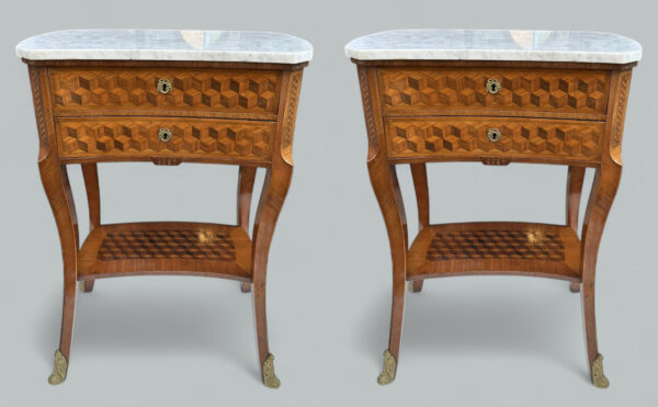 470 Sold Antique French Marquetry Marble Top Kingwood Bedside Cabinets Locker Nightstands