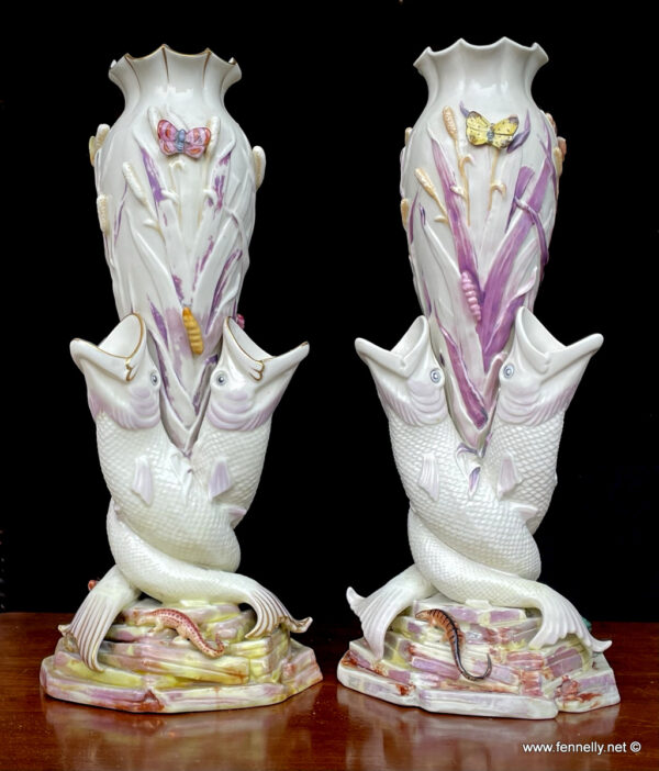 607 Sold Stunning Pair Belleek 'Triple Fish Vase' First Period 1863-1890