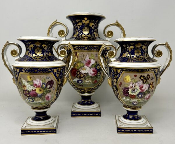 317 Antique Garniture English Royal Crown Derby Porcelain Vases by Thomas Steel 19C