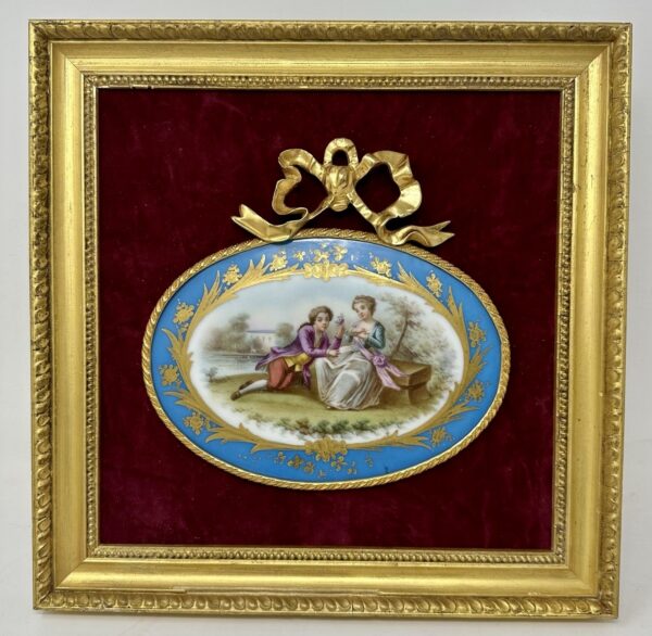 735 Sold Antique French Sevres Porcelain Ormolu Gilt Framed Plaque Hand Painted Picture