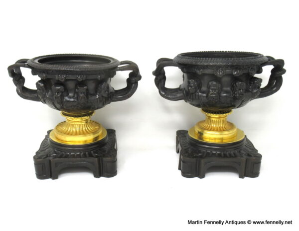 043 Sold Pair French Ormolu Bronze Warwick Albani Grand Tour Vases Urns Clodion