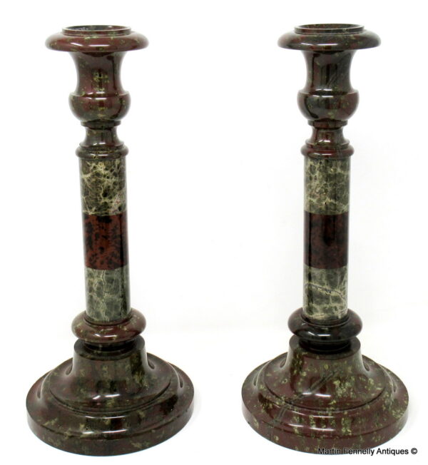 859 Rare Pair English Cornish Serpentine Marble Candlesticks attrib. John Murphy 1850
