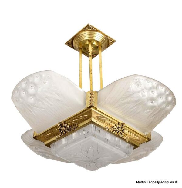 399 Rare French Art Deco Geometric Chandelier Signed by Muller Frères