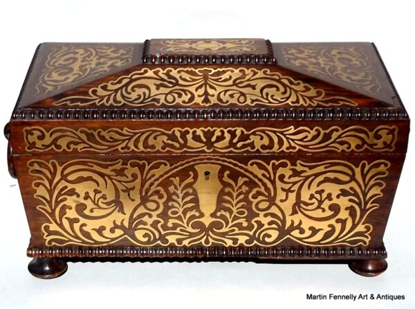 206 Sold Fine Regency Brass Inlaid Rosewood Tea Caddy by T Dalton London 19Ct