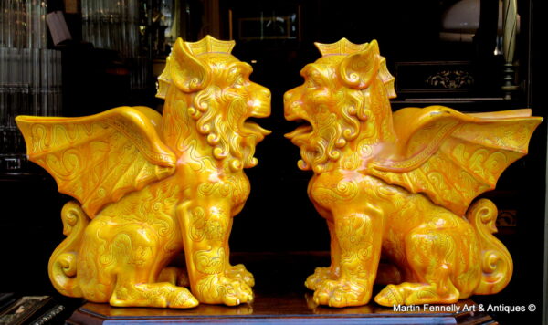 805 Sold Gerbing and Stephan (1861-1903) Rare Pair Majolica Winged Lions - Circa 1870