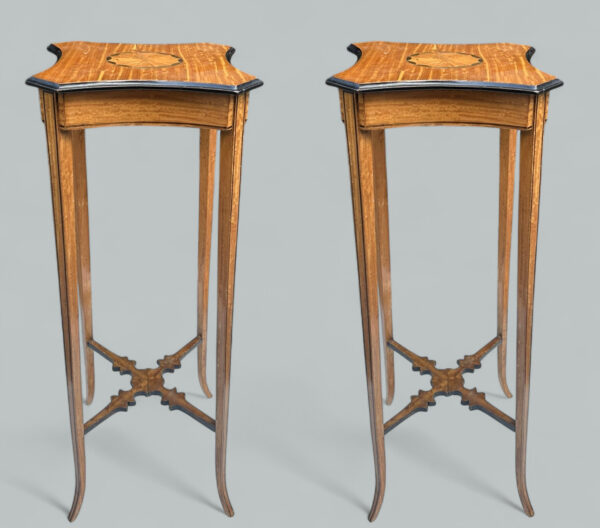 364 Antique Pair Sheraton Revival Edwardian Inlaid Satinwood Wine Tables Torcheres