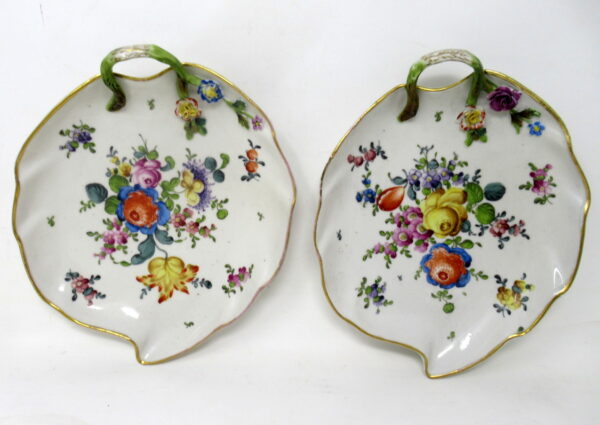 066 Antique Pair German Dresden Meissen Still Life Flowers Cabinet Leaf Form Plates