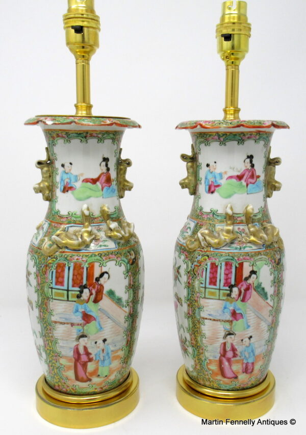 546 Sold Stunning Pair Cantonese Famille Rose Hand Painted Table Lamps 19thCt
