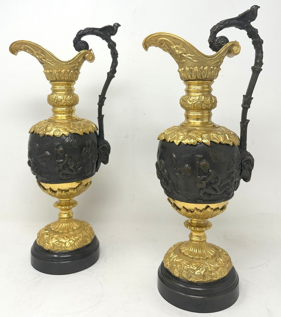 711 Sold Antique Pair French Bronze Ormolu Ewers Vases Manner of Claude Michel Clodion