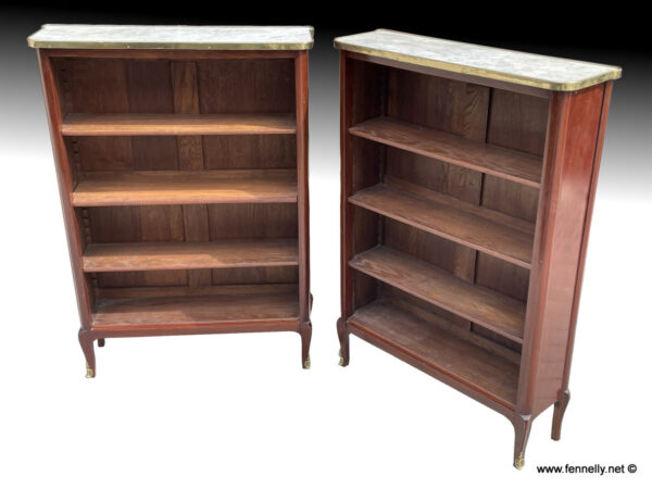 012 Sold Pair French Mahogany and Marble Open Bookcases Circa 1910